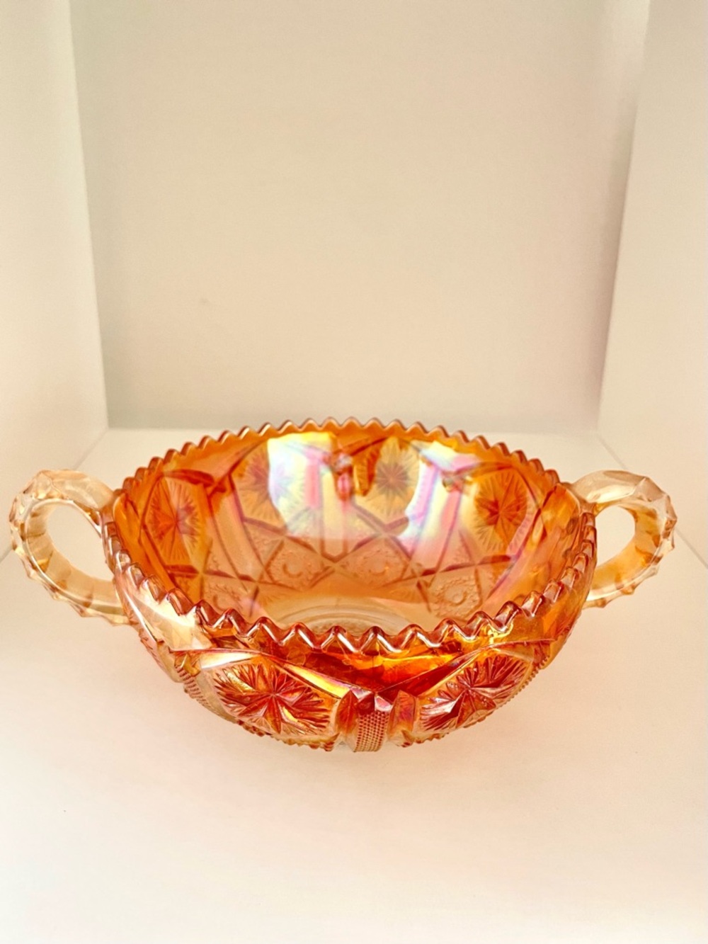MCM Carnival Glass Handled Bowl with Handles, Iridescent Marigold 9”